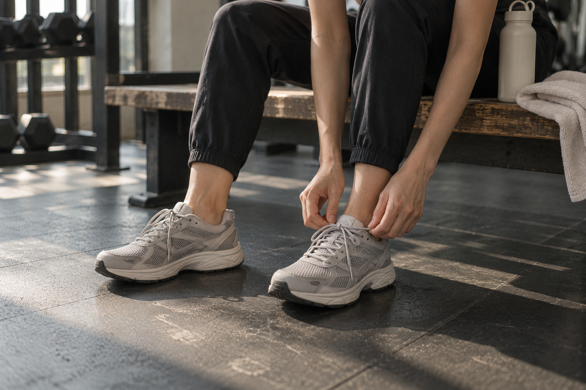 A person tying grey running sneakers on a gym bench, wearing cropped joggers with no socks showing