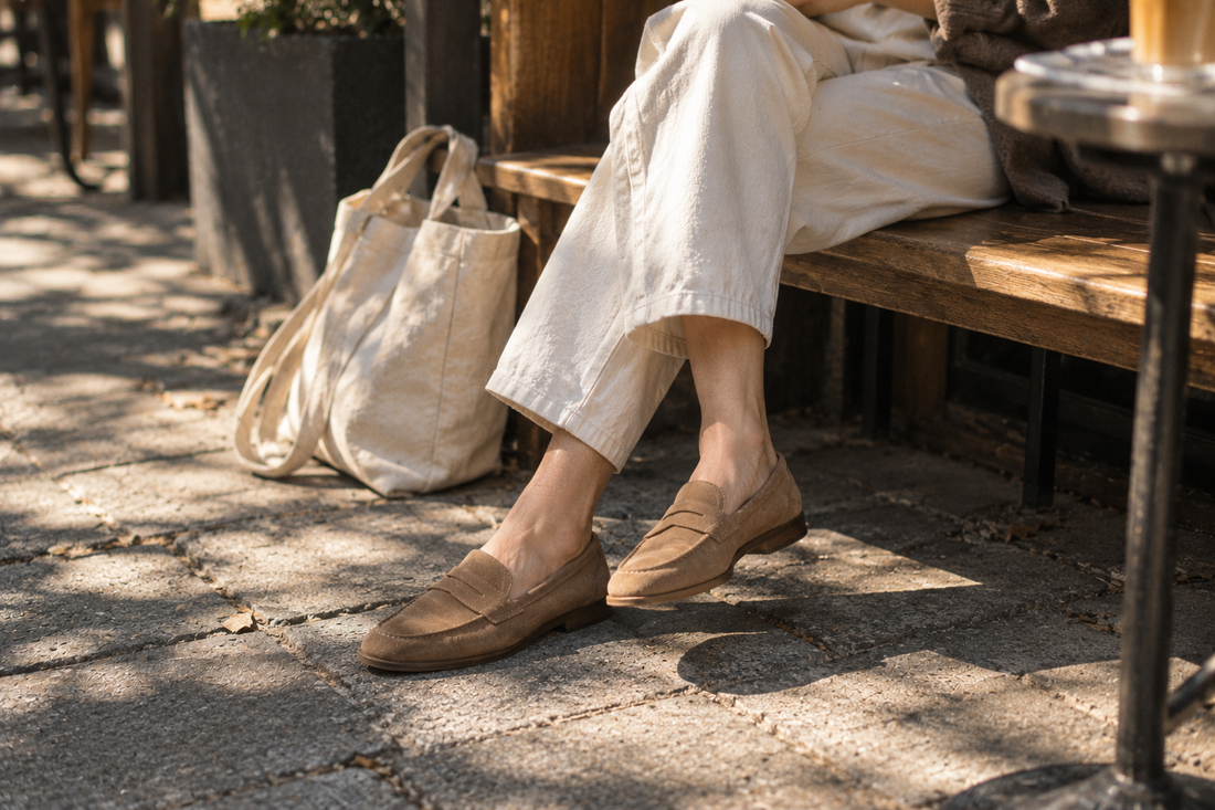 A woman sitting on a cafe bench in cropped trousers and tan suede loafers with no socks showing