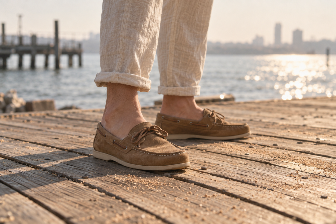 A man in rolled linen trousers and tan boat shoes on a boardwalk on a hazy summer day, no socks showing