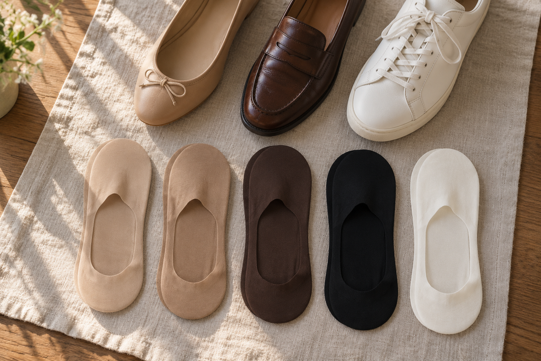 Five thin no show socks in beige, tan, brown, black and white laid out beside a ballet flat, a loafer and a white sneaker