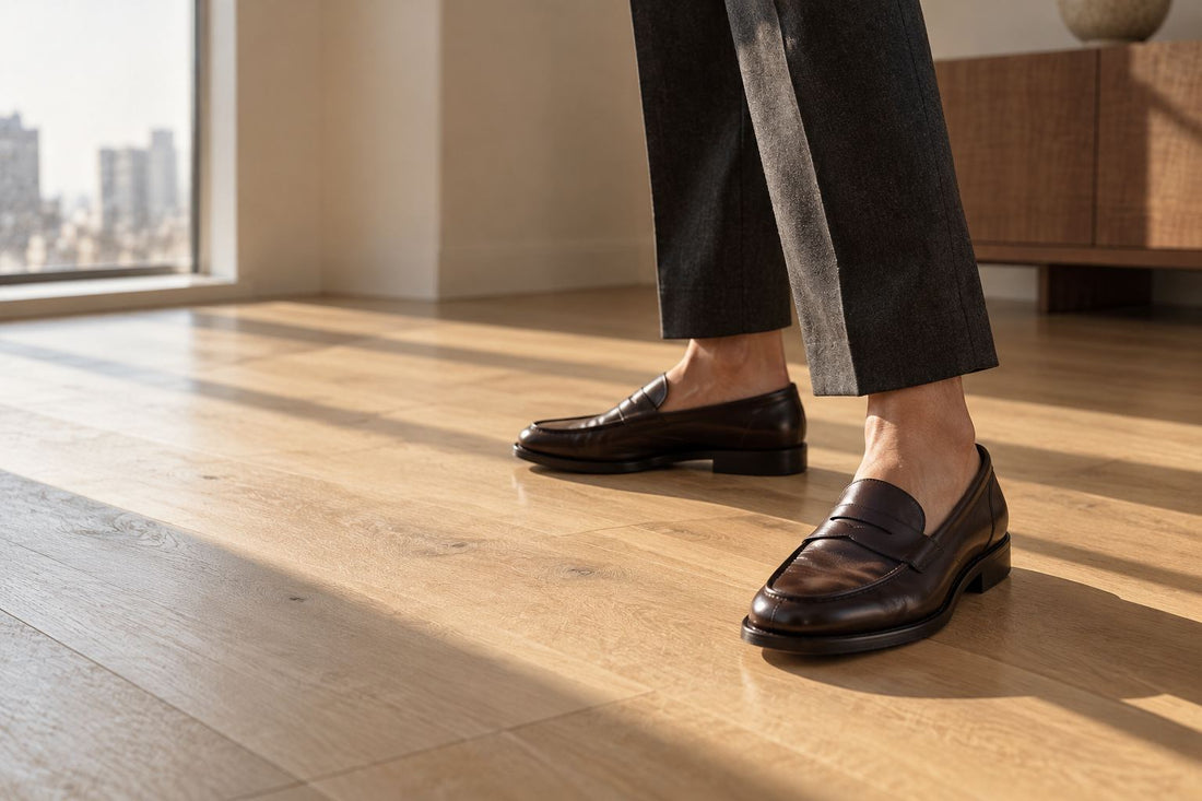 Large brown leather penny loafers worn with cropped charcoal trousers on an oak floor, with nothing showing at the edge of the shoe