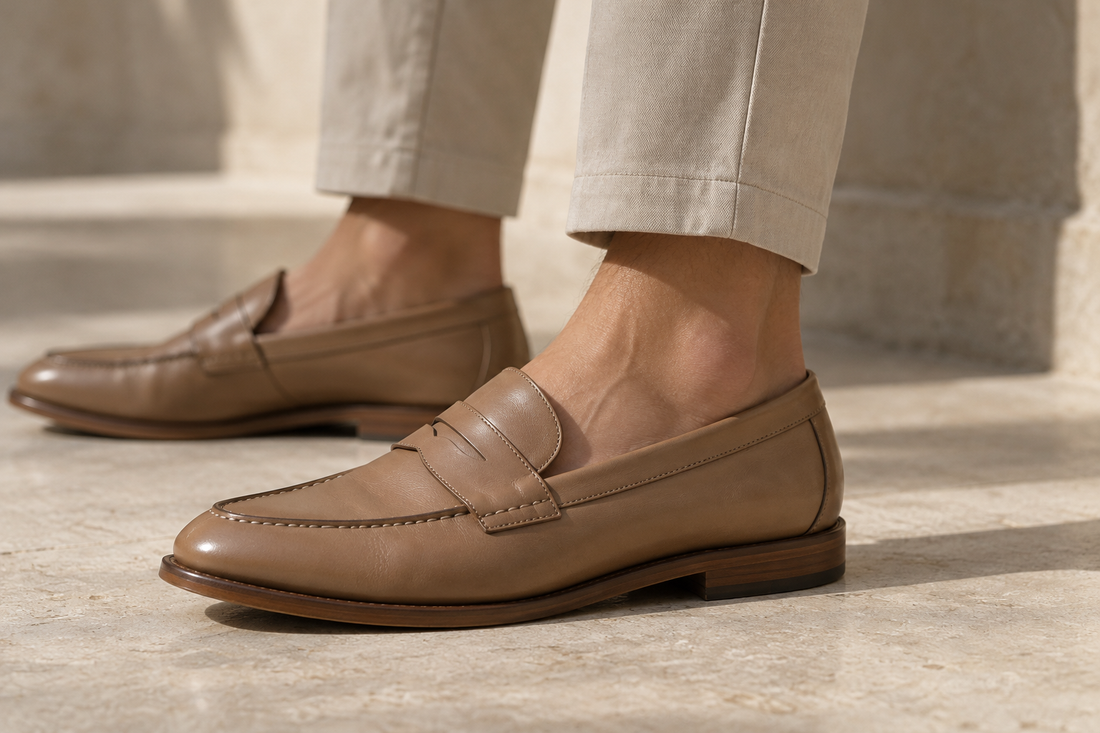 Bare ankle in a tan leather penny loafer