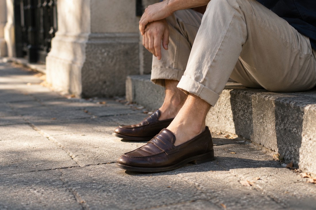 Man sitting on stone steps in rolled stone chinos and brown leather penny loafers, worn with no show socks so the ankle stays bare